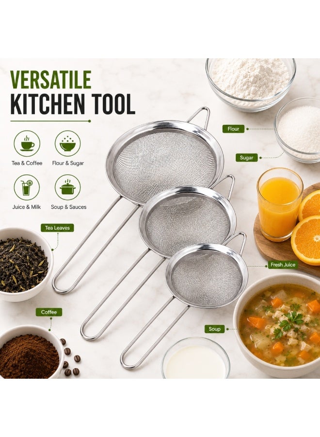 vexa pro Stainless Steel Fine Mesh Strainer Set 3 Pieces Kitchen Sieve Tea Flour Juice Oil Filter Strainers - Image 5