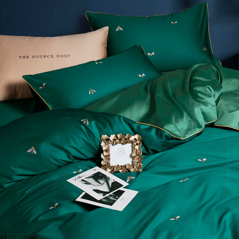 mixinni Dark Green Duvet Cover Queen Size, 100% Long Staple Cotton Honeybee Floral Pattern 3pc Bedding Duvet Cover Set with Zipper Ties 2 Pillowcases Perfect for Him and Her-Queen Size - Image 3
