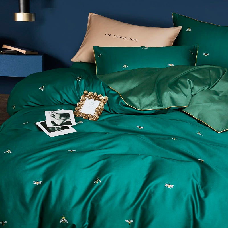 mixinni Dark Green Duvet Cover Queen Size, 100% Long Staple Cotton Honeybee Floral Pattern 3pc Bedding Duvet Cover Set with Zipper Ties 2 Pillowcases Perfect for Him and Her-Queen Size - Image 2