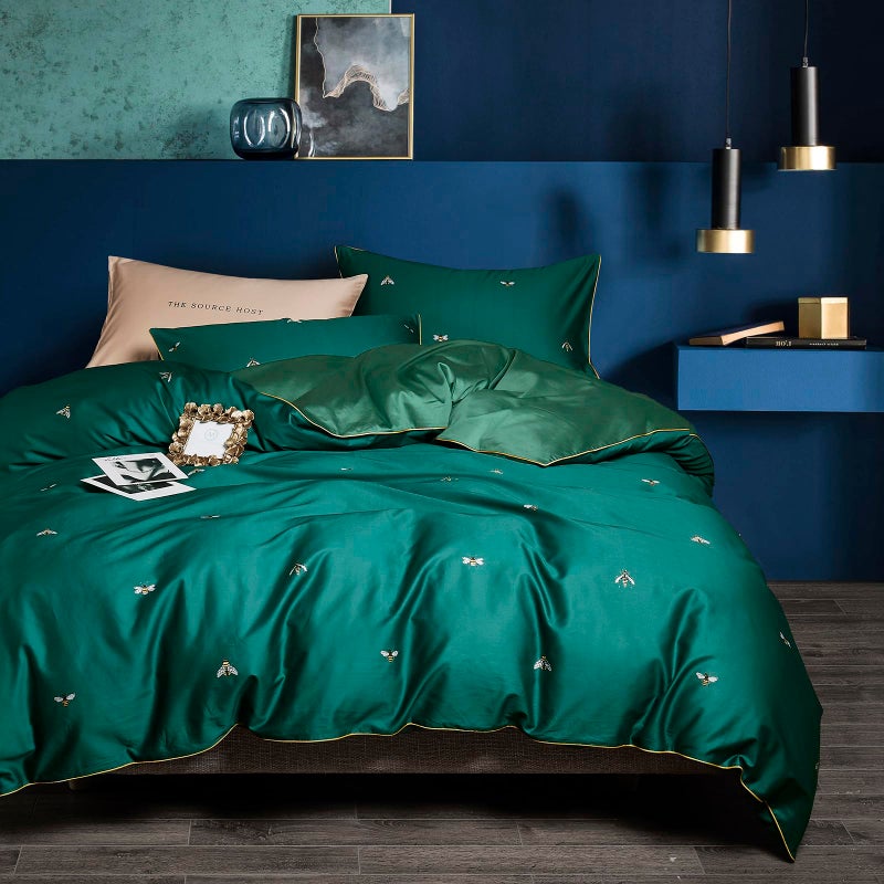 mixinni Dark Green Duvet Cover Queen Size, 100% Long Staple Cotton Honeybee Floral Pattern 3pc Bedding Duvet Cover Set with Zipper Ties 2 Pillowcases Perfect for Him and Her-Queen Size - Image 1