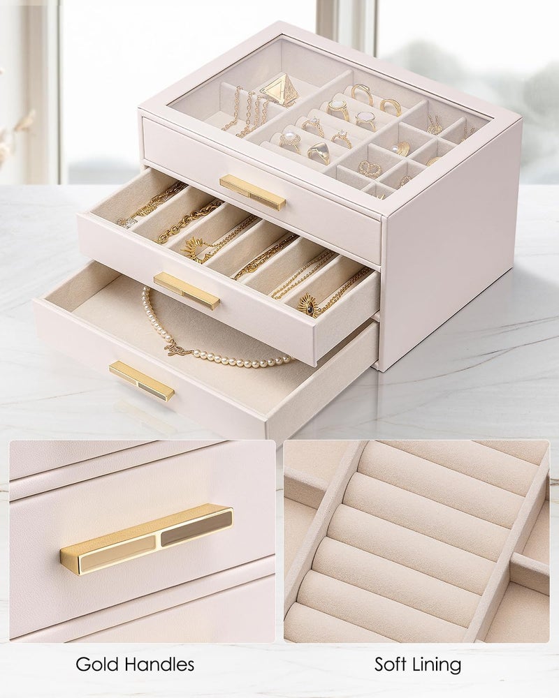 Vlando Jewelry Box with Glass Lid,Jewelry Organizer with 3 Drawers,3-Layer Jewelry Box for Women Girls,Gift for Loved Ones,Apricot Pink - Image 4