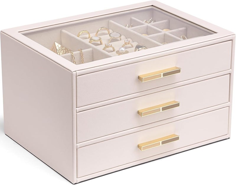 Vlando Jewelry Box with Glass Lid,Jewelry Organizer with 3 Drawers,3-Layer Jewelry Box for Women Girls,Gift for Loved Ones,Apricot Pink - Image 1