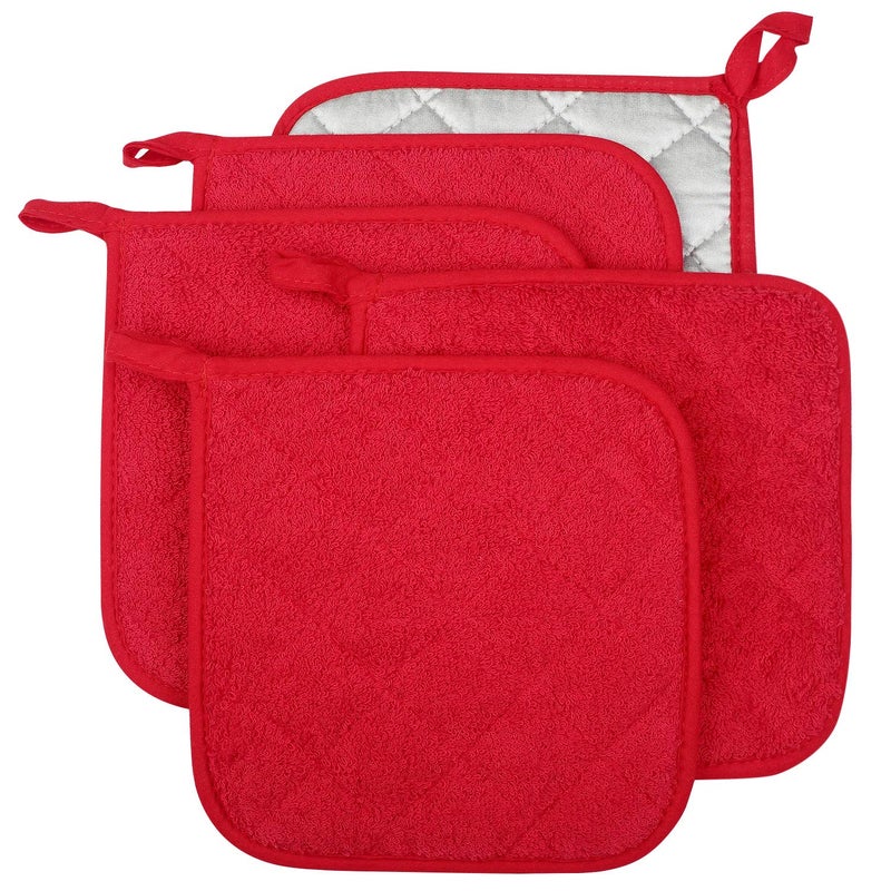100 Cotton Kitchen Everyday Basic Terry Pot Holder Heat Resistant Coaster Potholder for Cooking and Baking Set of 5 Red