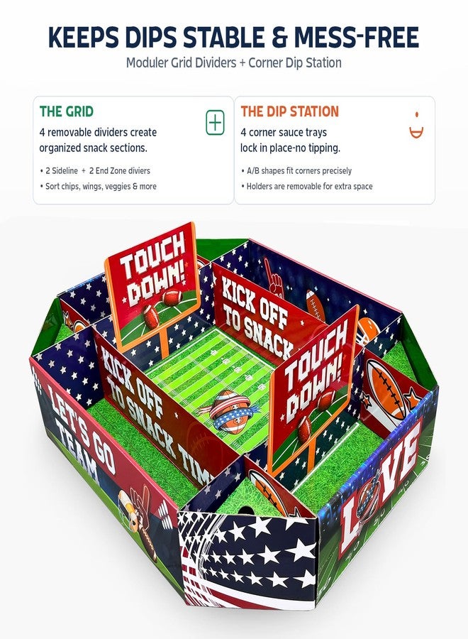 Presentastic Game Day Football Stadium Snack Tray - 3D Football Field Platter with 4-Grid Dividers & Corner Sauce Holders, Large Disposable Food Server for Tailgating & Party Decorations - Image 3