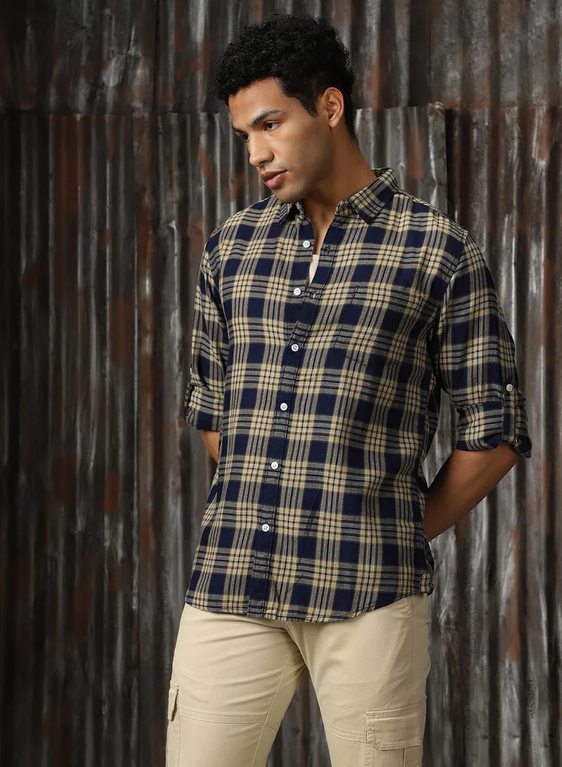 هاي ستار Men's Multicoloured 100% Cotton Checkered Button Down Shirt