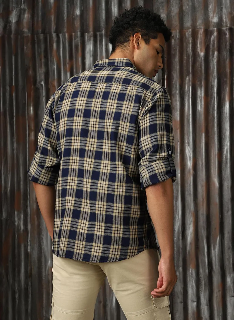 HIGH STAR Men's Multicoloured 100% Cotton Checkered Button Down Shirt