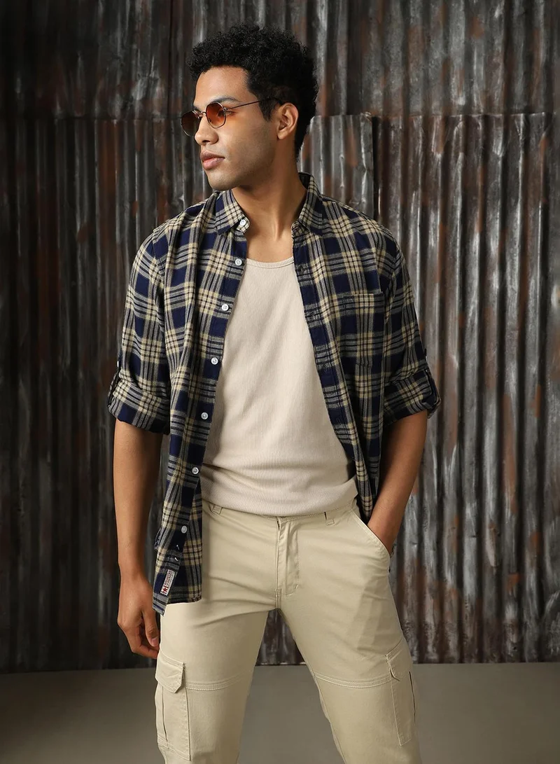 HIGH STAR Men's Multicoloured 100% Cotton Checkered Button Down Shirt