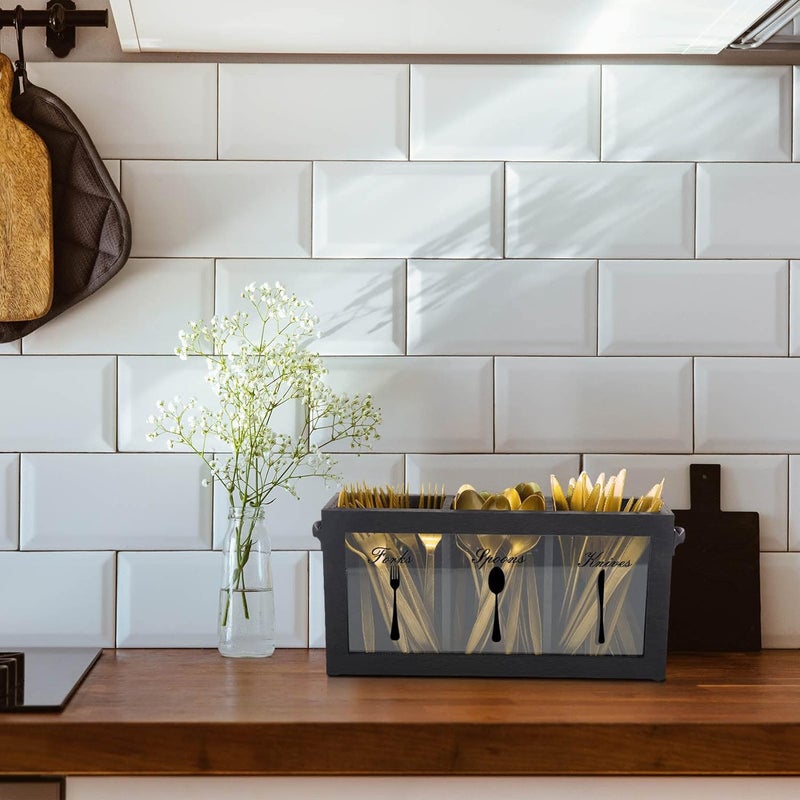 Nuenen Wooden Silverware Caddy Flatware Cutlery Holder Rustic Spoon Fork and Knife Countertop Holder 3 Section Flatware Dispenser Utensil Organizer Containers for Home Kitchen Restaurant - Image 4