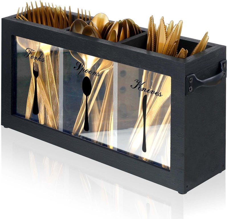 Nuenen Wooden Silverware Caddy Flatware Cutlery Holder Rustic Spoon Fork and Knife Countertop Holder 3 Section Flatware Dispenser Utensil Organizer Containers for Home Kitchen Restaurant - Image 3