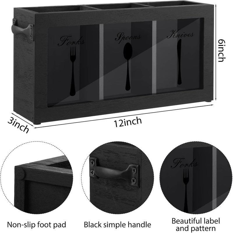 Nuenen Wooden Silverware Caddy Flatware Cutlery Holder Rustic Spoon Fork and Knife Countertop Holder 3 Section Flatware Dispenser Utensil Organizer Containers for Home Kitchen Restaurant - Image 2