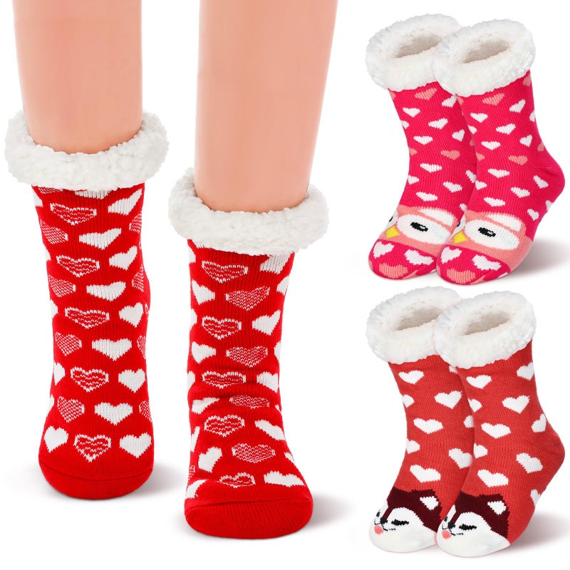 Funnysoft 3 Pairs Valentines Fuzzy Slipper Socks for Women Heart Cute Patterns Warm Fluffy Winter Thick Thermal Plush Socks Non Slip House Stocking for Valentines Galentines Day Gifts - Image 1