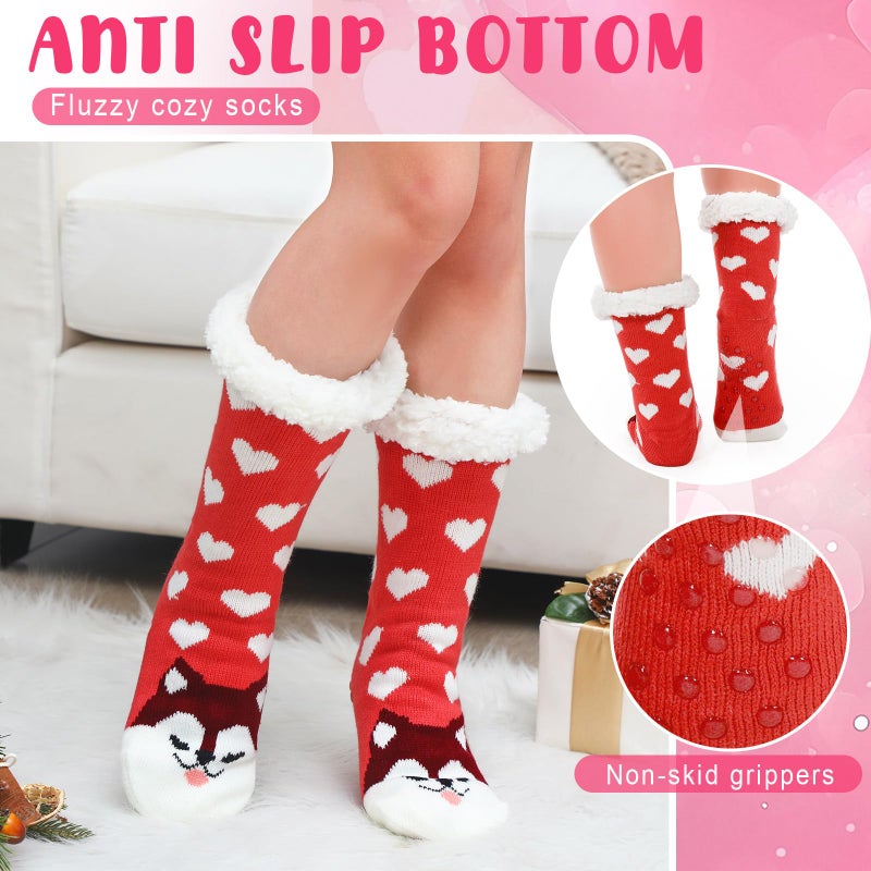 Funnysoft 3 Pairs Valentines Fuzzy Slipper Socks for Women Heart Cute Patterns Warm Fluffy Winter Thick Thermal Plush Socks Non Slip House Stocking for Valentines Galentines Day Gifts - Image 4