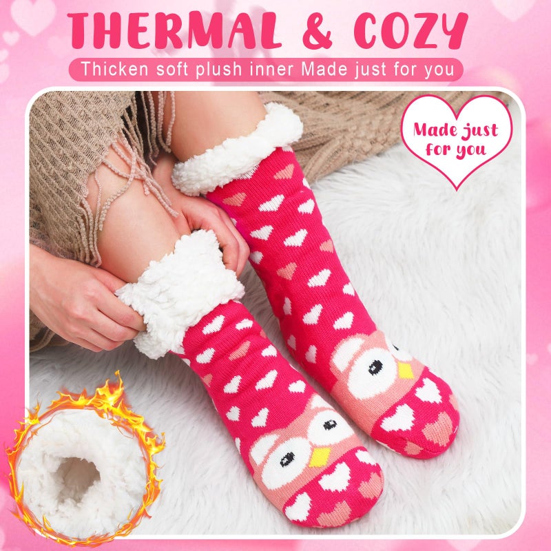 Funnysoft 3 Pairs Valentines Fuzzy Slipper Socks for Women Heart Cute Patterns Warm Fluffy Winter Thick Thermal Plush Socks Non Slip House Stocking for Valentines Galentines Day Gifts - Image 5