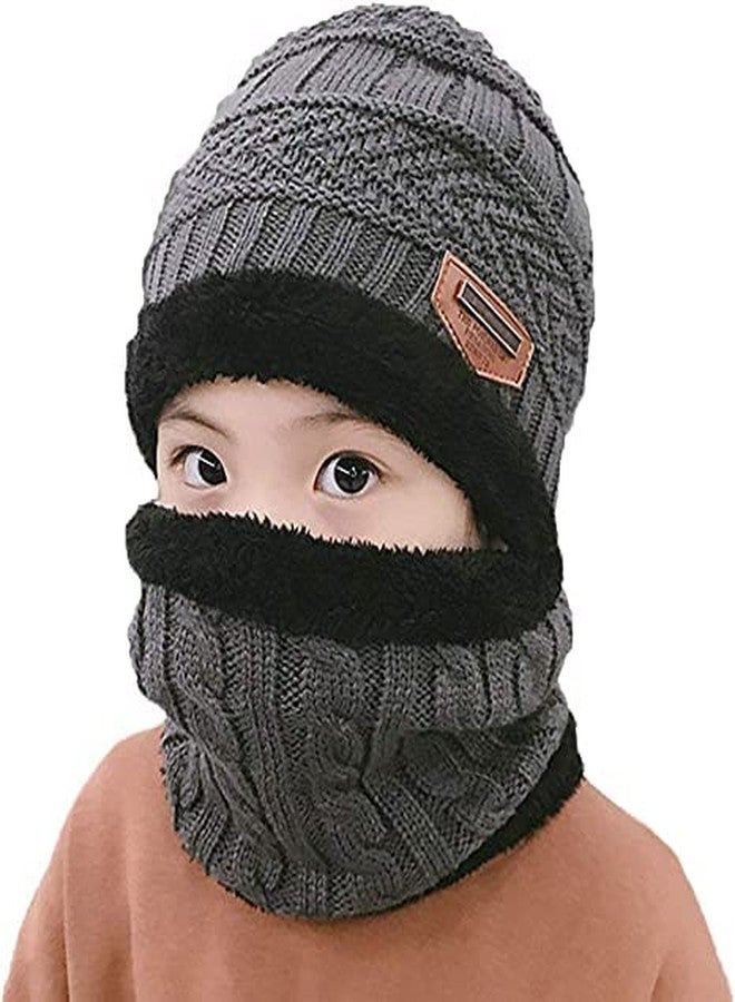 CHACKO Standard 2Pcs Kids Girl's Winter Warm Knitted Cap with Fleece Scarf Set|Neckwarmer|Fleece Lining Cap with Neckwarmer (Free size_Grey) - Image 1