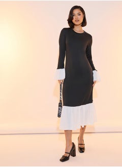 Take Two Contrast Hem Round Neck Bodycon Midi Dress  - Image 1