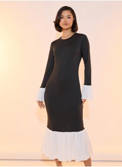 Take Two Contrast Hem Round Neck Bodycon Midi Dress  - Image 2
