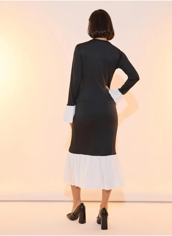 تايك تو Contrast Hem Round Neck Bodycon Midi Dress