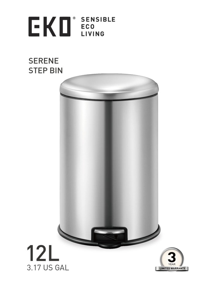 EKO - EKO 12L Pedal Bin Serene - Silver | Compact Step Round Bin with Soft-Close Lid | Fingerprint-Resistant Finish | Removable Inner Liner | Bag Stabilizer - Image 1