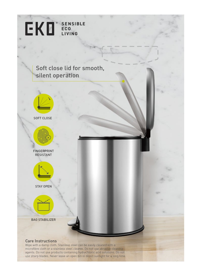 EKO - EKO 12L Pedal Bin Serene - Silver | Compact Step Round Bin with Soft-Close Lid | Fingerprint-Resistant Finish | Removable Inner Liner | Bag Stabilizer - Image 1
