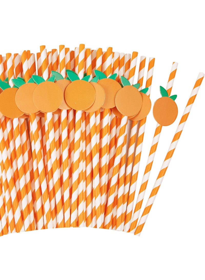 ChicAbode 50 Pcs Orange Striped Paper Straws Disposable Drinking Straws Orange Fruit Straws for Fall Leaf Autumn Wedding Baby Shower Decorations Birthday Party Supplies, 0.24 X 7.76 Inches - Image 1