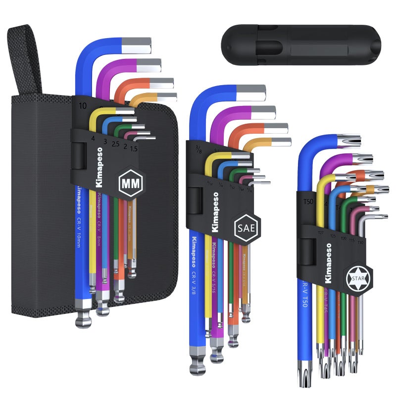 Kimapeso 27 PCS Allen Key Set Torx SAE Metric Allen Wrenches Set Long Arm Ball End Hex Key Wrench Sets with T-Handle L-Hex Key Set Metric 1.5 to 10mm SAE 1/16 to 3/8â€³ Torx T10 to T50 - Image 1