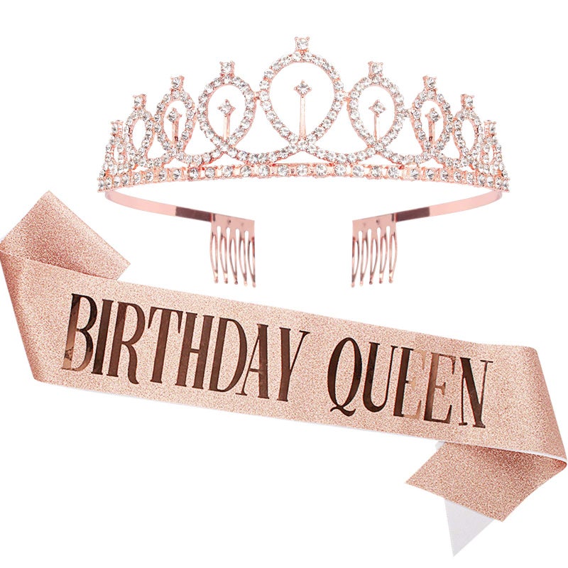 CAVETEE Birthday Crown and Sash for Women Rose Gold Rhinestone Tiara Set and Sash for Decorations