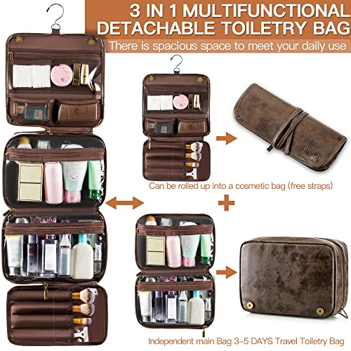 Elviros Hanging Toiletry Bag Removable Travel Bag PU leather Makeup Cosmetic Organizer Kit, Coffee - Image 2