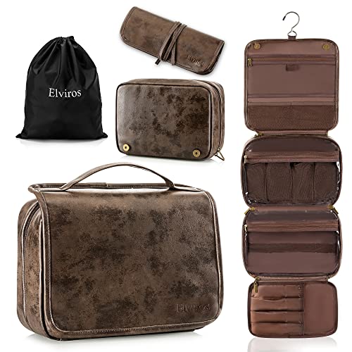Elviros Hanging Toiletry Bag Removable Travel Bag PU leather Makeup Cosmetic Organizer Kit, Coffee - Image 1