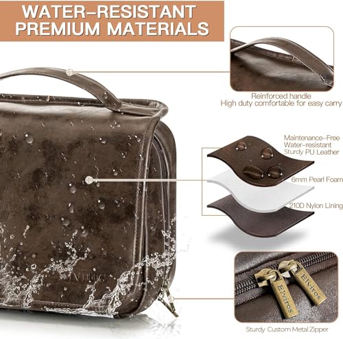 Elviros Hanging Toiletry Bag Removable Travel Bag PU leather Makeup Cosmetic Organizer Kit, Coffee - Image 3