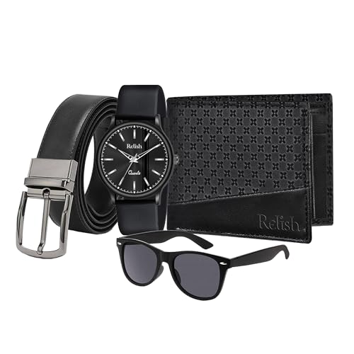 Relish Gift Combo Box Analog Silicone Strap Watch, Black Wallet, Belt and Sunglasses - Image 1