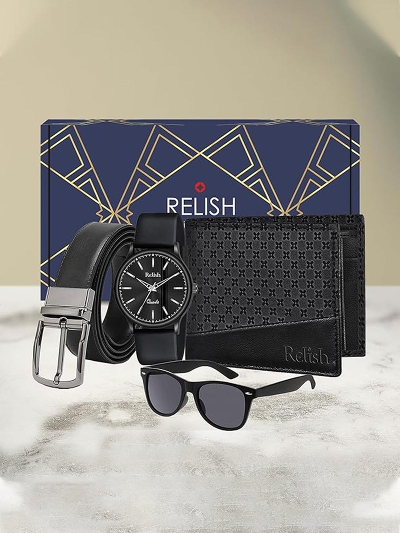 Relish Gift Combo Box Analog Silicone Strap Watch, Black Wallet, Belt and Sunglasses - Image 2