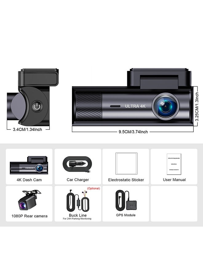 Gasin - Dash Cam set for car, 4K + 1080P Super Night Vision camera, with 64G SD card and GPS module, Connect phone by build-in WIFI, loop recording - Image 1