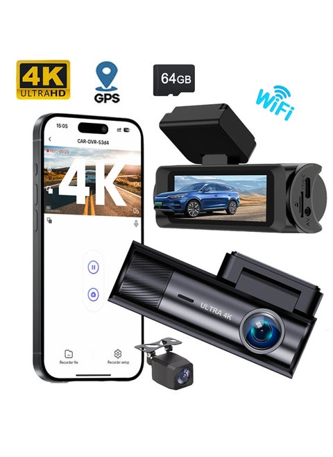 Dash Cam set for car, 4K + 1080P Super Night Vision camera, with 64G SD card and GPS module, Connect phone by build-in WIFI, loop recording