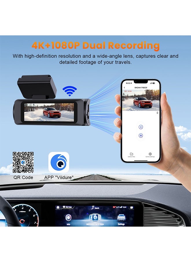 Gasin - Dash Cam set for car, 4K + 1080P Super Night Vision camera, with 64G SD card and GPS module, Connect phone by build-in WIFI, loop recording - Image 1