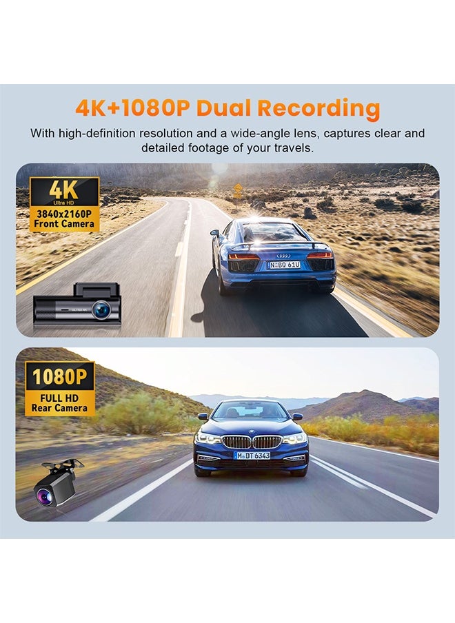 Gasin - Dash Cam set for car, 4K + 1080P Super Night Vision camera, with 64G SD card and GPS module, Connect phone by build-in WIFI, loop recording - Image 1