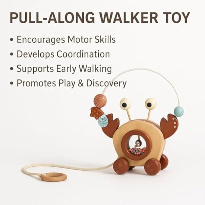WOODEN PULL-ALONG CRAB WALKER | MONTESSORI BABY FOR 12+ MONTHS | EARLY LEARNING, MOTOR SKILLS, COORDINATION & WALKING SUPPORT | SAFE WOODEN TODDLER WITH BEAD MAZE & ROPE HANDLE - Image 5