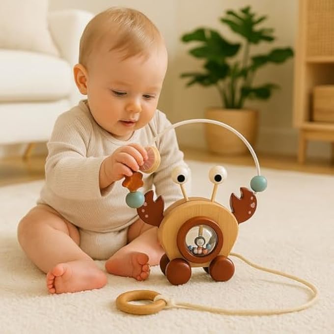 WOODEN PULL-ALONG CRAB WALKER | MONTESSORI BABY FOR 12+ MONTHS | EARLY LEARNING, MOTOR SKILLS, COORDINATION & WALKING SUPPORT | SAFE WOODEN TODDLER WITH BEAD MAZE & ROPE HANDLE - Image 2