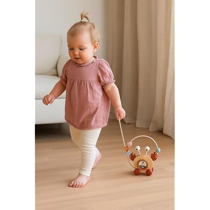 WOODEN PULL-ALONG CRAB WALKER | MONTESSORI BABY FOR 12+ MONTHS | EARLY LEARNING, MOTOR SKILLS, COORDINATION & WALKING SUPPORT | SAFE WOODEN TODDLER WITH BEAD MAZE & ROPE HANDLE - Image 4