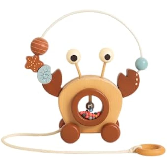 WOODEN PULL-ALONG CRAB WALKER | MONTESSORI BABY FOR 12+ MONTHS | EARLY LEARNING, MOTOR SKILLS, COORDINATION & WALKING SUPPORT | SAFE WOODEN TODDLER WITH BEAD MAZE & ROPE HANDLE - Image 3