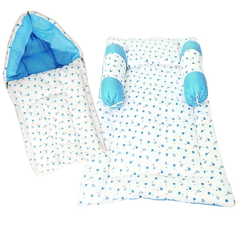 BRANDONN Baby Bedding Gift Pack Combo of Bed with 3 Pillow Set and Sleeping Bag Carry Bag Combo of 2 Sky Blue - Image 1
