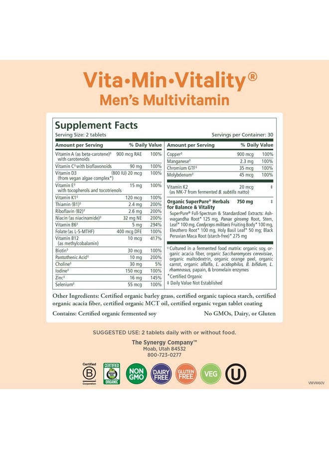 بيور سينرجي فيتا مين فيتاليتي | فيتامينات متعددة طبيعية للرجال | فيتامينات متعددة يومية للرجال مصنوعة من أطعمة عضوية كاملة | للطاقة، والتخلص من التوتر، ودعم المناعة (60 قرصًا) - Image 1