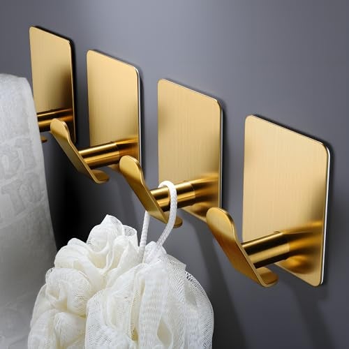 DELITON Adhesive Hooks - 4 Pack Gold Towel Hooks for Hanging Coat/Robe, Heavy Duty Stick on Wall for Bathroom and Kitchen - Image 1