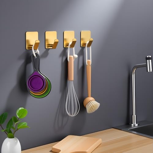DELITON Adhesive Hooks - 4 Pack Gold Towel Hooks for Hanging Coat/Robe, Heavy Duty Stick on Wall for Bathroom and Kitchen - Image 5