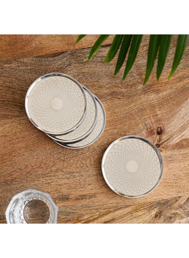 ExclusiveLane 'Mughal Arc' Hand-Etched Stainless Steel Coasters for Cups Tea Coasters for Glasses Dining Table Coaster for Hot Pots Tableware (Set of 4, Silver) - Image 1