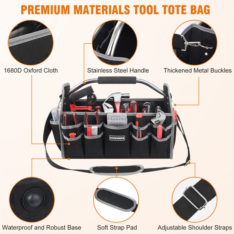 Kowsinde 16 Inch Tool Bag, Electrician Tool Bag, Open Top Tool Bags, 26 Pockets Can Hold Many Tools, Steel Handle and Removable Shoulder Strap - Image 3