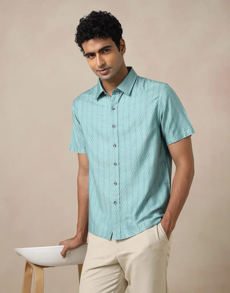 فاب انديا Teal Viscose Silk Hand Block Printed Bush Shirt