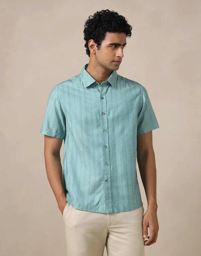 فاب انديا Teal Viscose Silk Hand Block Printed Bush Shirt