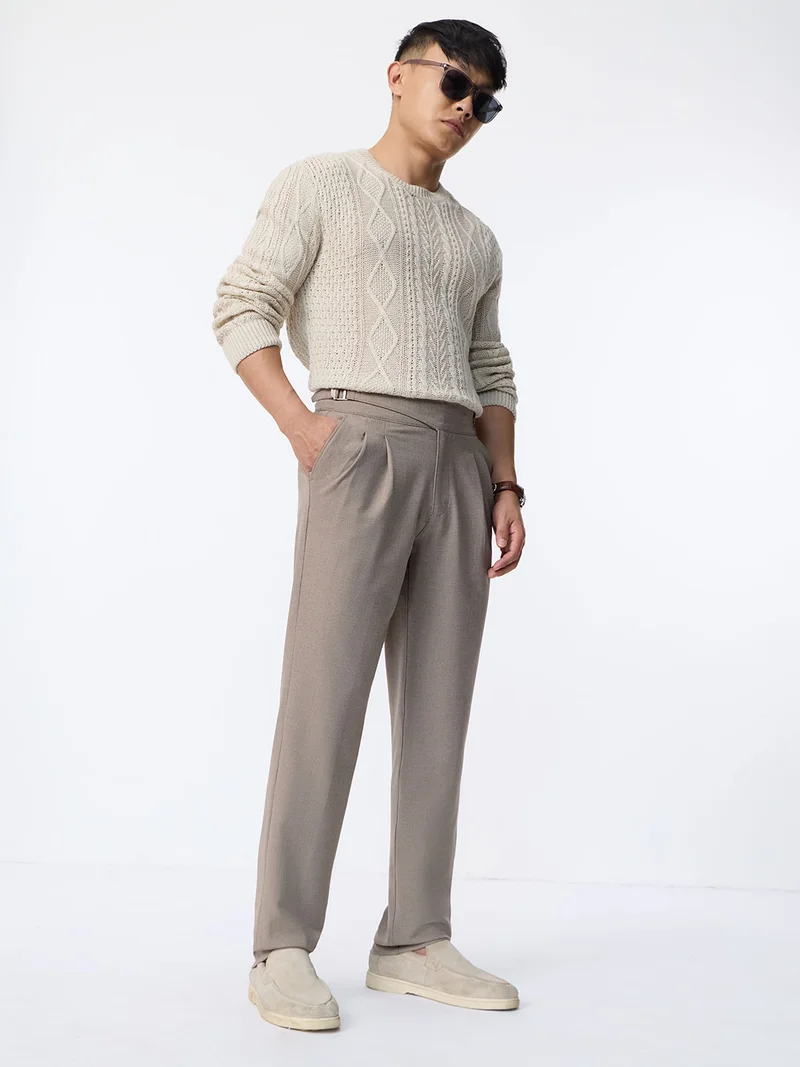 The Souled Store Gurkha Pants: Light Chestnut Brown Men and Boys Solid Poly-Viscose Blend Straight Fit Adjustable Gurkha Waist Pleated Front High Rise Stretch Trousers