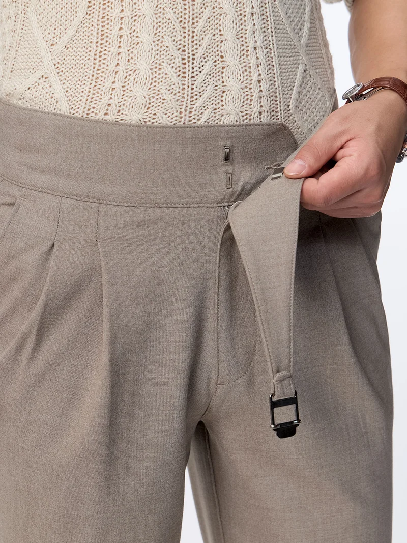 The Souled Store  The Souled Store Gurkha Pants: Light Chestnut Brown Men and Boys Solid Poly-Viscose Blend Straight Fit Adjustable Gurkha Waist Pleated Front High Rise Stretch Trousers  | Best Price UAE