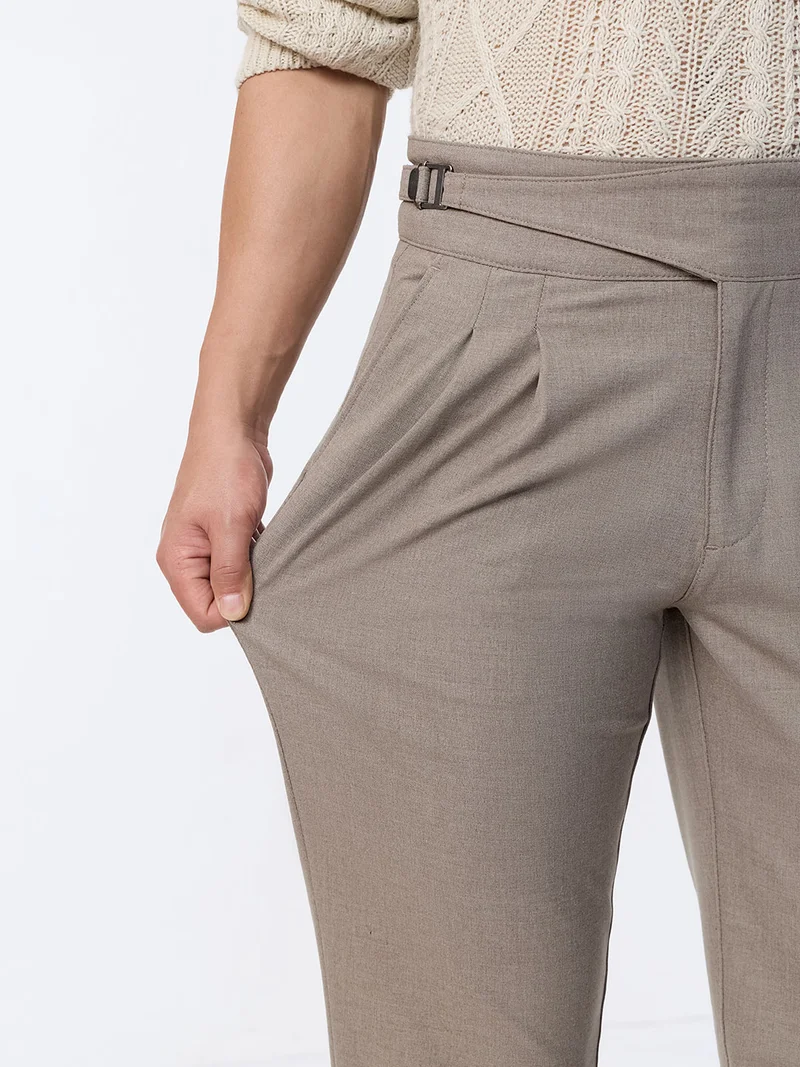 The Souled Store  The Souled Store Gurkha Pants: Light Chestnut Brown Men and Boys Solid Poly-Viscose Blend Straight Fit Adjustable Gurkha Waist Pleated Front High Rise Stretch Trousers  | Best Price UAE